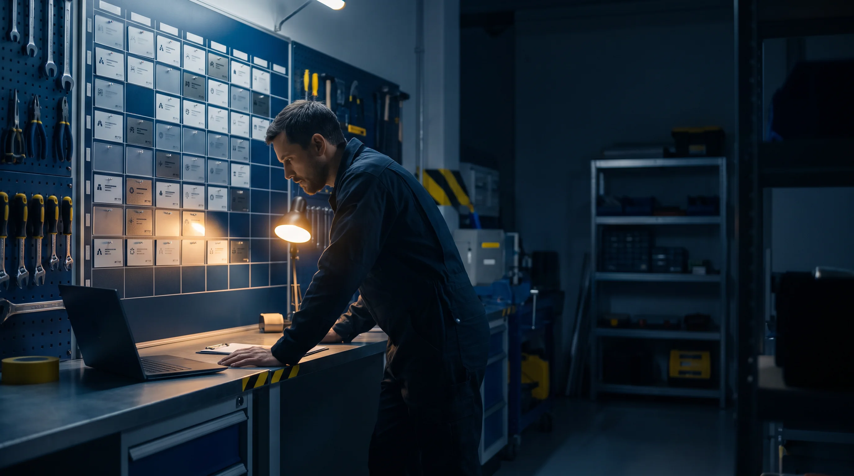 Engineer reviewing a dispatch wall in a workshop