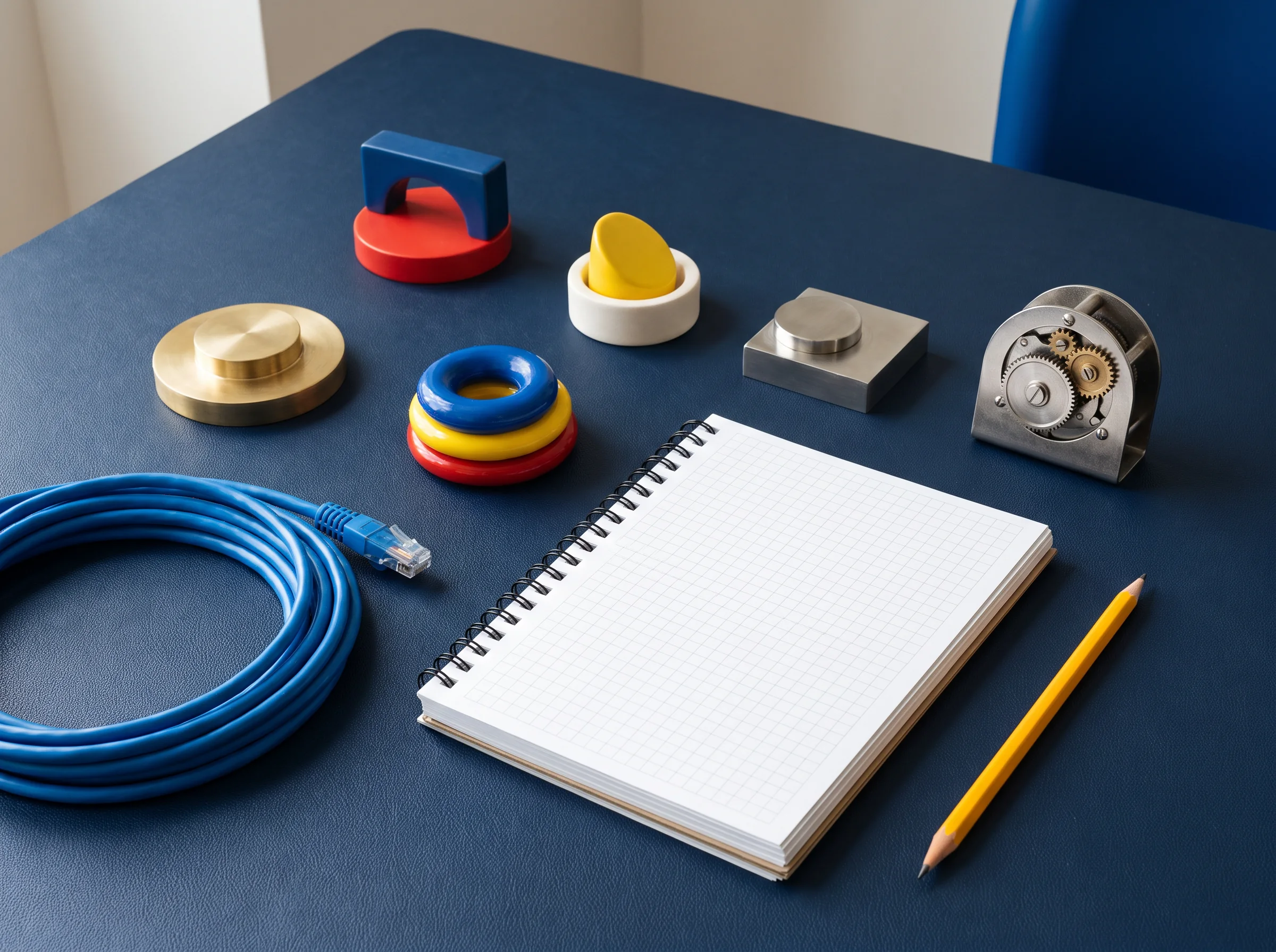 Components and notebook on a worktable