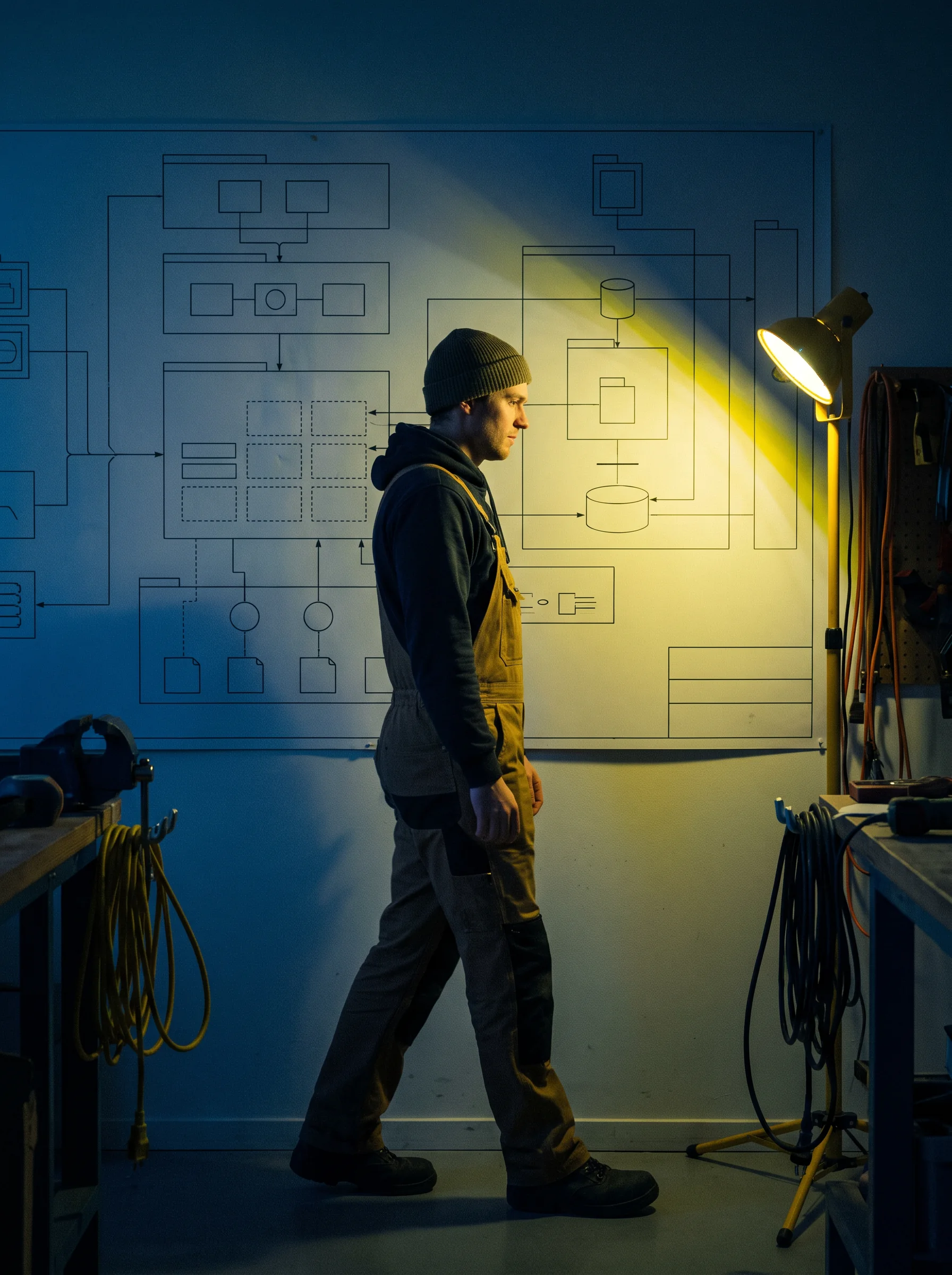 Engineer walking past an illuminated system sketch