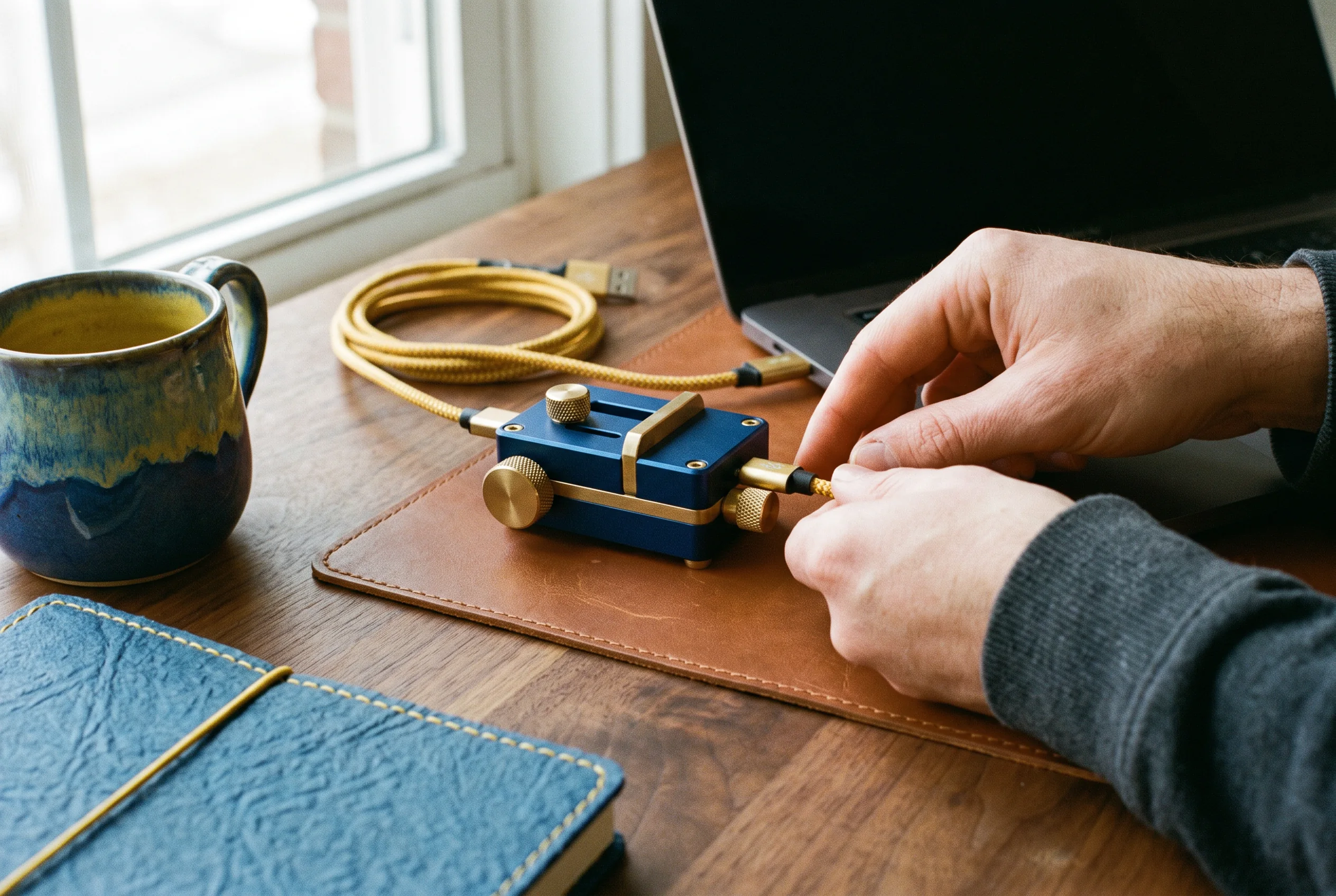 Hands assembling a small technical device