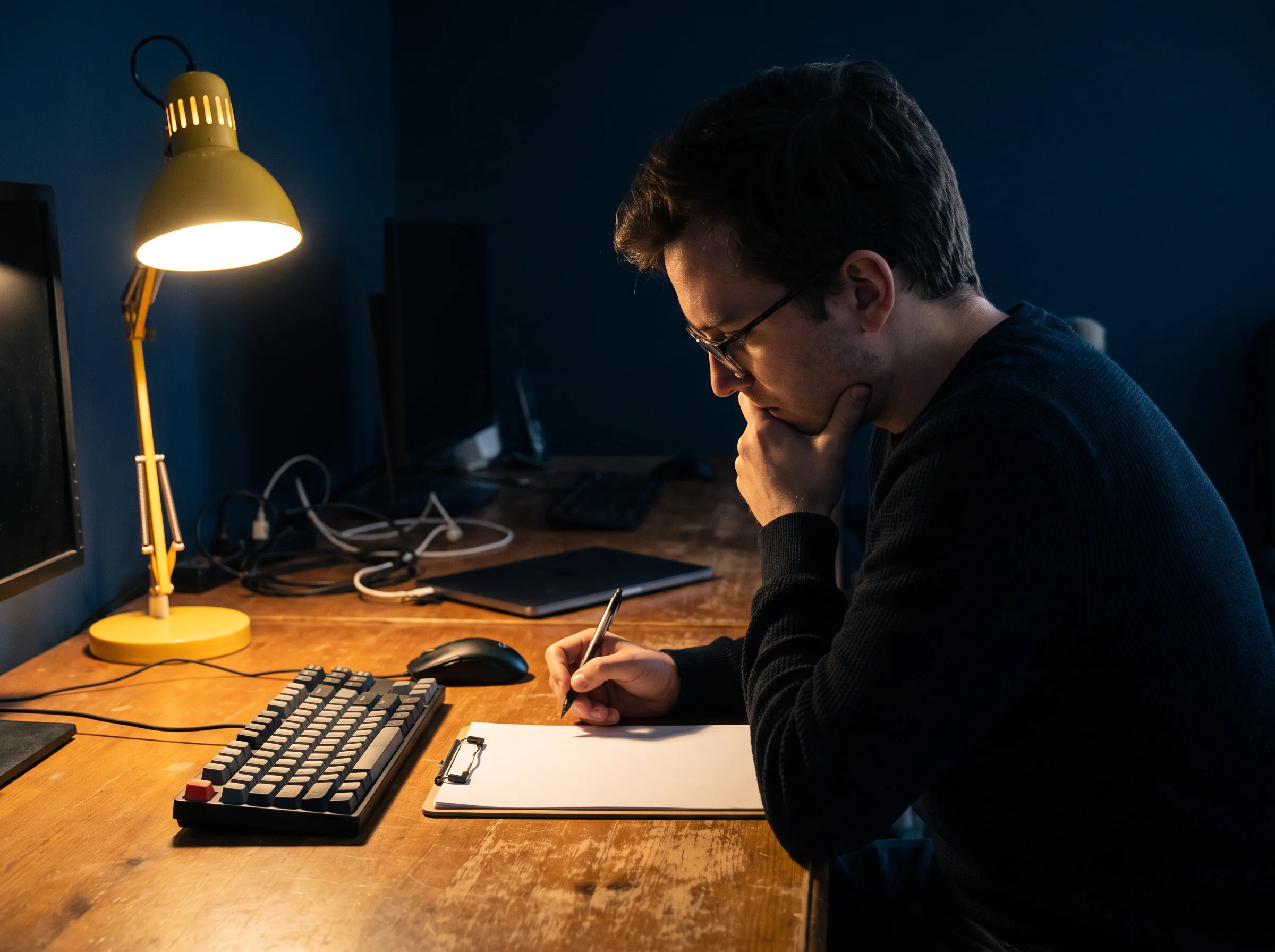Engineer reviewing notes at a desk