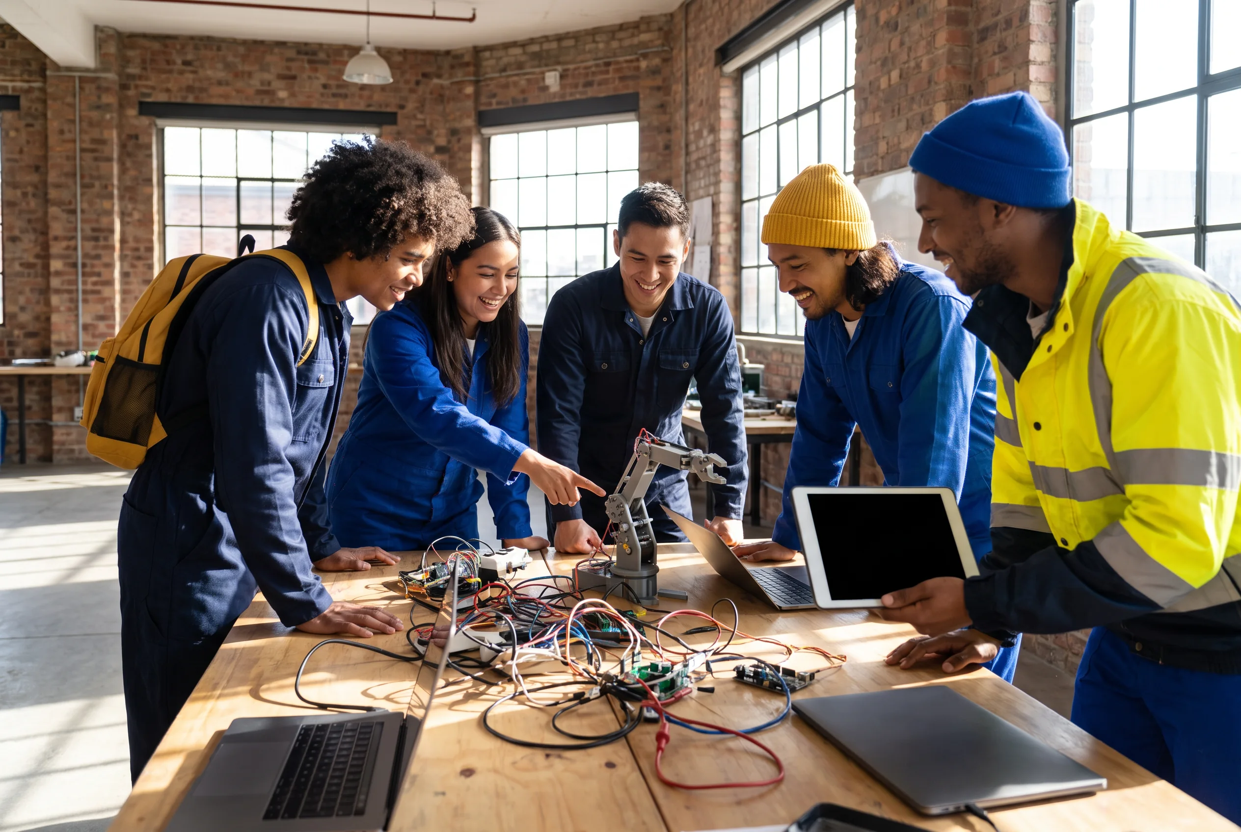 Collaborators gathered around a technical workbench